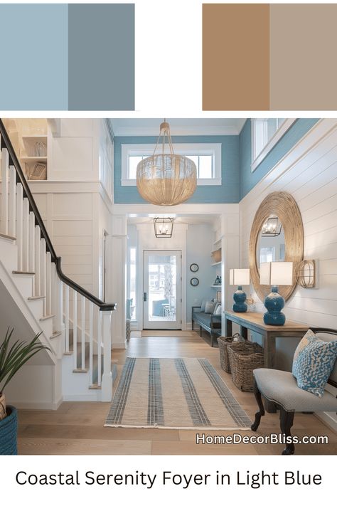 Coastal Style Staircase, Coastal Stairwell, Light Blue Mudroom, Coastal Foyer Entryway, Coastal House Interior, Blue And White House, Woven Chandelier, Staircase Banister, Wood Palette