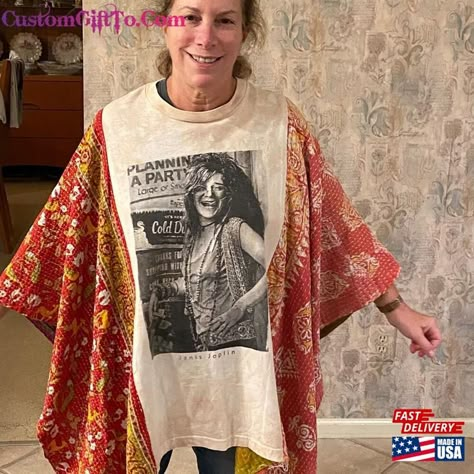 Upcycled Janis Joplin Tee With Vintage Kantha Quilt Poncho Tea Dyed Tee! One Size Fits All T-Shirt Classic Check more at https://customgiftto.com/product/upcycled-janis-joplin-tee-with-vintage-kantha-quilt-poncho-tea-dyed-tee-one-size-fits-all-t-shirt-classic/ Altered Clothing Refashioning, Recycled Shirts Upcycling, Band Tee Upcycle, Diy Upcycled Clothes, Plus Size Upcycled Clothing Diy, Upcycled Tshirt Ideas, Quilt Poncho, T Shirt Modification Diy, T Shirt Upcycle Refashion