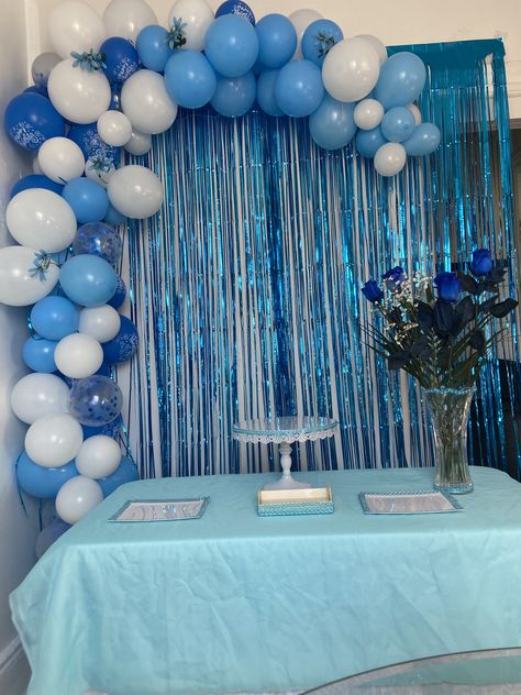 Periwinkle Party Theme, Simple Baby Shower Decorations Boy, Blue Decorations Party Birthday Ideas, Blue Theme Birthday Party Decorations, Blue Birthday Themes, Diy Baby Shower Backdrop, Blue Themed Party, Blue And White Party, 17th Birthday Party Ideas