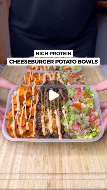 Jalal on Instagram: "High Protein Cheese Burger Potato Bowls! Only 493 Calories🍔🍟🧀  Tastes just like you’re eating a burger! One of the tastiest and easiest meal preps, high in protein and volume with low carbs and calories💪🏽🔥  Macros Per Serving (4 Servings Total)  493 Calories | 50g Protein | 37g Carbs | 15g Fat  Ingredients (To Make 4 Servings)  - 800g Raw Sweet Potatoes cut into small cubes - 1 Tsp Salt - 1 Tsp Black Pepper - 1 Tsp Garlic Powder - 1 Tsp Onion Powder - 1 Tsp Smoked Paprika - 2 Tsp Olive Oil  - 800g 5% Fat Ground Beef (I get mine from @saffron_alley ) - Season with Salt & Pepper on both sides - 30g Light Butter (for cooking + extra once cooked) - 80g Light Cheddar Cheese (use any cheese)  Special Sauce  - 100g Light Mayonnaise - 80g Reduced Sugar Ketchup - 20-30g Y High Protein Cheeseburger Bowl, High Protein Burger Bowl, High Protein Meals Ground Beef, Burger Bowl Meal Prep, Cheese Burger Bowl, High Protein Burger, Hamburger Bowls, Volume Eating Recipes, High Protein Cheese