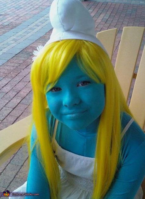 Smurfette Halloween Costume, Smurfette Costume, Smurfette Costumes, Blue Body Suit, Blue Face Paint, Yellow Wig, Halloween Costumes 2016, Homemade Costume, Cartoon Costumes