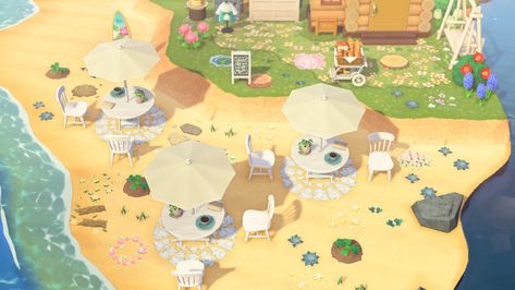 Acnh Beach Bonfire Ideas, Acnh Beach Cafe Ideas, Animal Crossing Beach Cafe, Beach Decor Animal Crossing, Beach Cafe Acnh, Acnh Peninsula, Beach Bonfire Ideas, Acnh Buildings, Peninsula Ideas