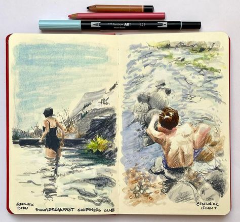 Summer Art Reference, Vacation Sketchbook, Photo To Draw, Summer Sketchbook, Summer Sketches, The Swimmers, Sketchbook Inspo, September 7, Watercolor Sketch