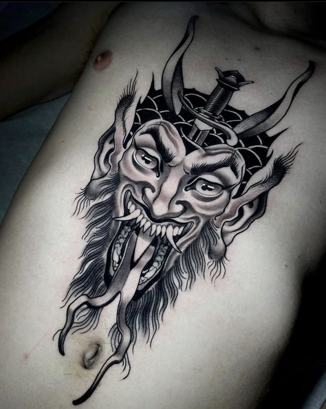 Demon Stomach Tattoo, Demon Knee Tattoo, Demon Chest Tattoo, Demon Head Tattoo, Satanic Tattoo, Satanic Tattoos, Devil Tattoo, Head Tattoo, Demon Tattoo