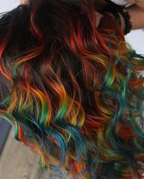 Short Hair Multi Color, Black Hair With Vivid Highlights, Copper Teal Hair, Red Rainbow Hair, Autumn Rainbow Hair, Unique Dyed Hair Color Trends, Rainbow Roots Hair, Dark Rainbow Hair, Jewel Tone Hair