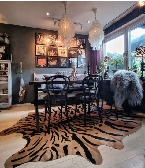 Animal Print Dining Room, Bailey Sarian House, Rocker Home Aesthetic, Rock N Roll Glam Decor, Eccentric Gothic Decor, Rock And Roll Dining Room, Punk Dining Room, Afrocentric Glam Decor, Moody Boho Dining Room