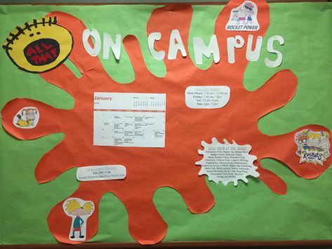 Rugrats Bulletin Board, Nickelodeon Classroom Theme, 90s Bulletin Board Ideas, 90s Theme Classroom Door, Nickelodeon Bulletin Board, 90s Bulletin Board, Bulletin Boards Ra, Cartoon Classroom, Residence Life Bulletin Boards