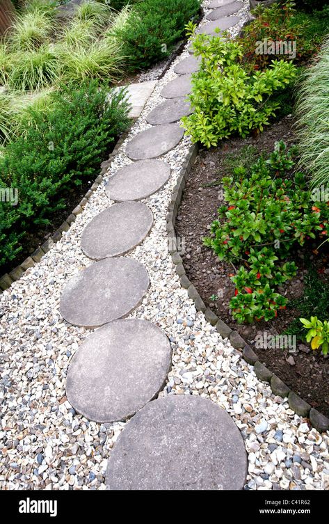 Gravel Garden Path, Round Stepping Stones, Front Path, Stepping Stone Walkways, Gravel Path, Front Yard Design, Gravel Garden, Stone Walkway, Garden Path