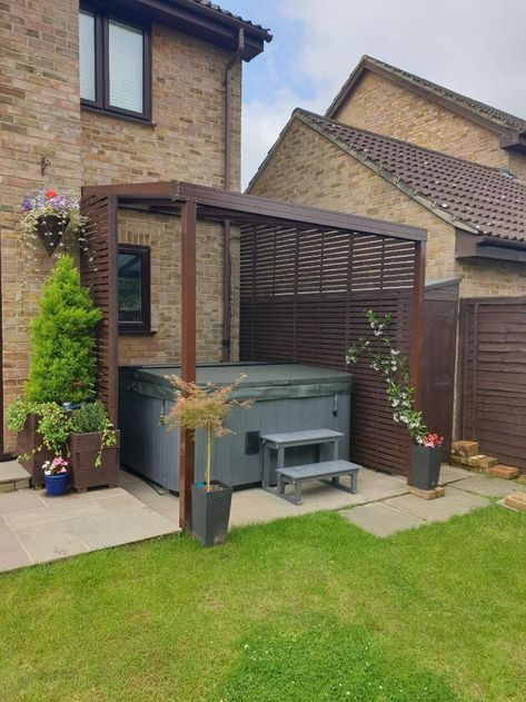 This 2.5m wide x 3m projection Evolution canopy has made the perfect hot tub cover.  The customer has added their own vertical screens for privacy.

The customer commented:
"We are very pleased with the canopy. It went up well and matches with the rest of the house as you can see from the pics." Hot Tub Privacy, Small Hot Tub, House Canopy, Hot Tub Room, Hot Tub Patio, Tub Cover, Hot Tub Garden, Hot Tub Backyard, Hot Tub Cover