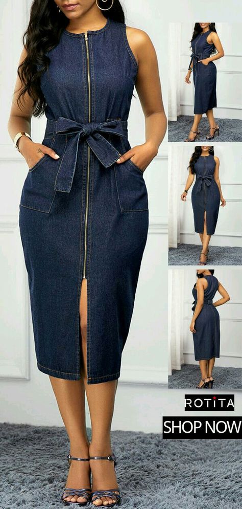 Vestiti In Jeans, Belted Denim Dress, Denim Shorts Outfit, Sleeveless Denim Dress, African Fashion Skirts, Fashion Traditional, Fashion Dresses Online, Denim On Denim, Stil Elegant