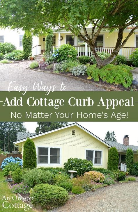 Cottagecore Curb Appeal, Ranch House Landscaping Front Yards, Cheap Curb Appeal Ideas, Small Yard Curb Appeal, Ranch Landscaping Ideas, Cottage Curb Appeal, Ranch House Landscaping, Garden Remodel, Oregon Cottage