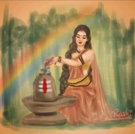 Shiv Sati Drawing, Shiv Parvati Animated Images, Sita Maa Pic, Shiv Parvati Drawing Easy, Parvati Goddess Art, Pranam Pose, Parvati Drawing, First Rain, Shiv Shakti