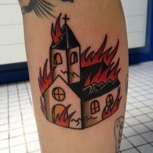 20 Controversial Burning Church Tattoos!! | Tattoodo Church Tattoo, Burning Church, Occult Tattoo, Tattoo Old School, Traditional Tattoo Sleeve, Witch Tattoo, Fire Tattoo, Old School Tattoo Designs, Tatuaje A Color