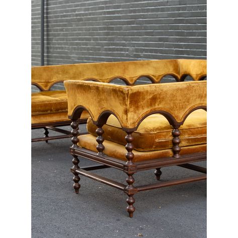 1930s Spanish Revival Gold Velvet Vintage Sofas- a Pair | Chairish Gold Velvet Sofa Living Room Ideas, Upholstered Vintage Sofa, Vintage Banquette Seating, Brown And Gold Interior Design, Mexican Sofa, Drexel Sofa, Rustic Vintage Interior Design, Sofa Detail, Restaurant Banquette