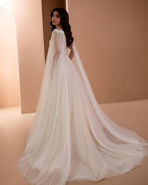 A Line Tulle Wedding Dress, Turkish Wedding Dress, Wedding Dress With Cape, Classy Wedding Guest Dresses, Long Sleeve Wedding Dress Boho, Dress With Cape, Bride Dress Simple, Wedding Gown Inspiration, Wedding Dress With Lace