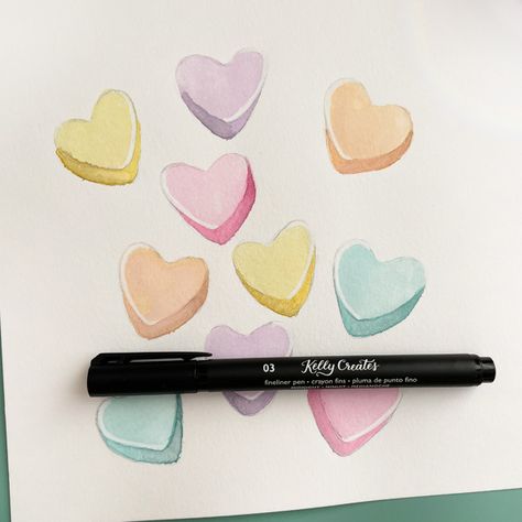 Candy Hearts Valentine’s Day Tutorial – Kelly Creates Candy Heart Watercolor, Watercolor Candy Hearts, Watercolor Hearts Valentines Day, Candy Hearts Painting, Candy Heart Painting, Watercolor Candy, Valentine Candy Hearts, Valentines Watercolor, Middle School Art Projects