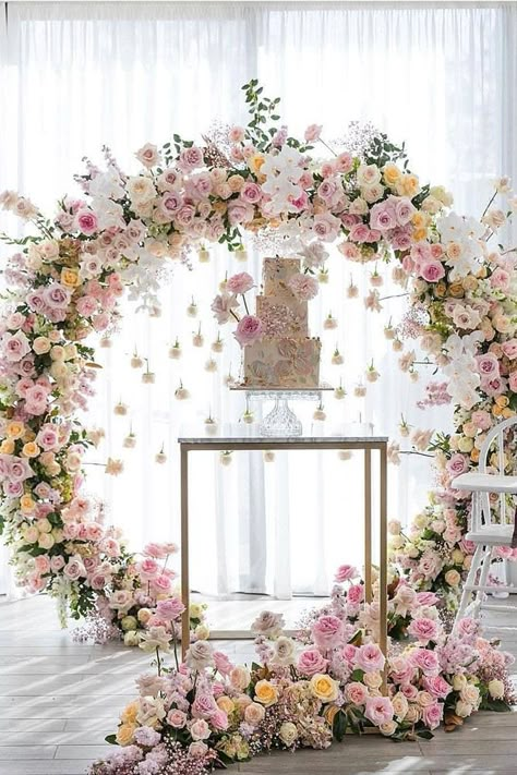 wedding trends 2019 elegant cake table with hanging pare pink white orchid flower arch georgejohnphotography فن النسيج, Elegant Cake Topper, Elegant Cake Design, Wedding Cake Table, Elegant Cakes, Wedding Forward, Stage Decorations, Deco Floral, White Orchids