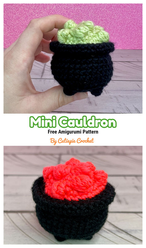 This is a free and easy crochet pattern to make a super cute amigurumi cauldron. Perfect for halloween or for fun witchy decor! Crochet Halloween Cauldron, Crochet Halloween Caldron, Crochet Mimic Pattern Free, Crochet Witches Cauldron, Crochet Free Pattern Halloween, Cauldron Crochet Pattern Free, Crochet Couldren, How To Write A Crochet Pattern, Crochet Free Patterns Beginner