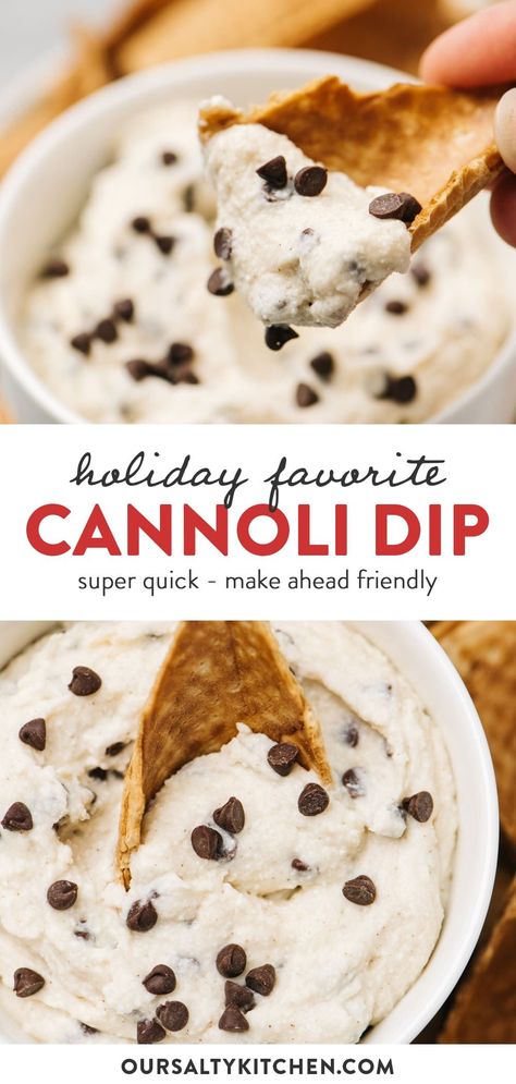 Cannoli Dip is everything you love about the classic Italian dessert without the fuss! Super easy, this sweet take on chips and dip is perfect for holiday parties or any event for a crowd. Add it to your Christmas dessert spread or offer it during a game day gathering. Ready in just 20 minutes, Cannoli Dip is a great make ahead dessert recipe for all your holiday entertaining needs. #dip #christmas #desserts #christmasdessert #cannoli #italianrecipes Nye Dips, Waffle Cone Chips, Easy Cannoli Dip, Nye Desserts, Easy Cannoli, Easy Dessert Dips, New Years Eve Dessert, Cannoli Dip, New Year's Desserts