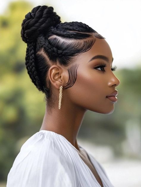 Explore Stunning Braided Bun Hairstyles for Every Occasion Two Braids In A Bun, Braided High Bun Hairstyles, Feed In Braids Cornrows Bun, Updo Braids For Black Hair, Braid Hairstyles For Wedding, Flat Twist Bun, Plait Updo, Low Bun Hairstyles For Black Women, Low Twisted Bun