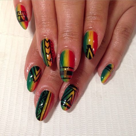 Tribal Reggae ombre nails for Sophia ❤️💛💚 #nails #nailart #gelmanicure #reggae #rasta #tribal #freestyle #ombre #sparklesf Raggae Nails, Reggae Nails Designs, Reggae Nails, Juneteenth Nail Design, Juneteenth Nails, Jamaica Nails, Rasta Nails, Nail Bling, Face Moisturizer For Dry Skin