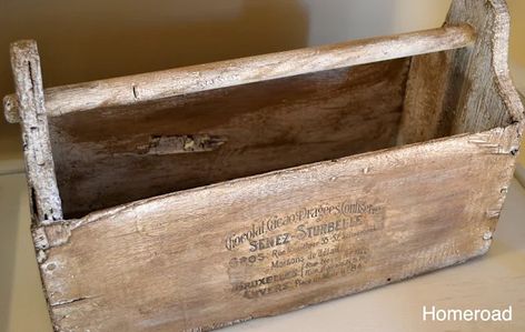 New Life for an Antique Toolbox Old Wooden Toolbox Ideas, Old Wood Tool Box Decor, Wooden Tool Caddy, Antique Wooden Tool Box Ideas, Antique Woodworking Tool Box, Antique Wood Tool Box, Chalk Paint Kitchen, Old Tool Boxes, Vintage Craftsman