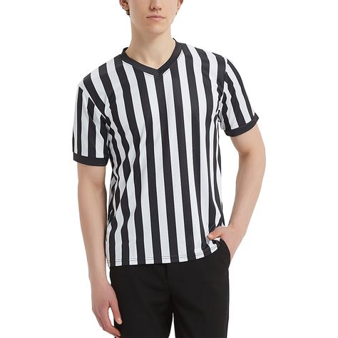 TOPTIE Sporting Goods Mens Referee Shirt Official V-Neck Black & White Stripe Jersey Referee Shirts, New Helmet, Striped Jersey, Football And Basketball, Black And White Stripes, Roller Derby, Professional Look, Sport Wear, Volleyball