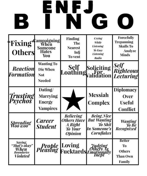 Unhealthy ENFJ Bingo Enfj Bingo, Enfj Enneagram, Enfj Protagonist, Infp Enfj, Mbti Functions, Onion Headlines, Enfj Personality, Music Bingo, Enfj T