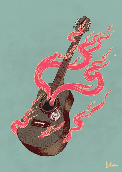 Guitar Art Aesthetic, Guitar Character Design, Guitar Illustration Drawing, Guitar Aesthetic Drawing, Guitar Drawing Aesthetic, Guitar Illustration Art, Guitar Drawing Art, Guitar Art Drawing, Guitar Draw