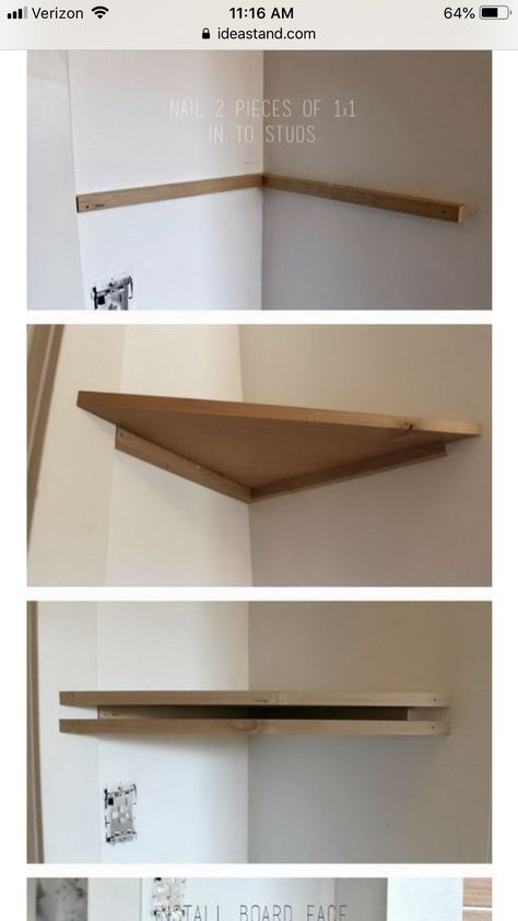 Shelves With Desk, Corner Shelves Bathroom, Hobby Lobby Bathroom, Ladder Bathroom, Corner Tv Wall, Floating Corner Desk, Decorating With Floating Shelves, Tv Angle, Diy Room Makeover