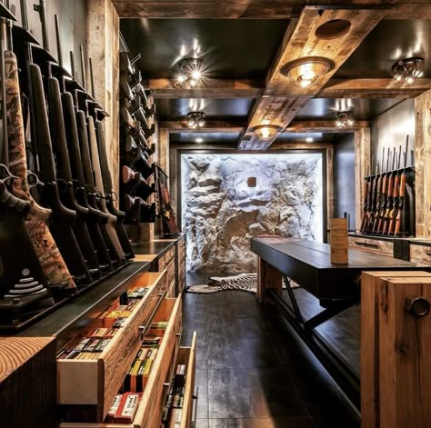 Home Armory Ideas, Hunting Rooms, Hunting Mud Room, Western Walk In Closet Ideas, Dream Garage Man Cave, Hunting Storage Room, Hunting House, Hunting Storage Ideas, Tactical Room Ideas