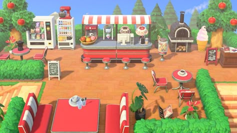 Outdoor Diner Acnh, Animal Crossing Retro Design, Animal Crossing Diner Ideas, Acnh Behind Resident Services Design, Normcore Animal Crossing, Animal Crossing Cafe Ideas Outdoor, Acnh Diner Designs, Retro Animal Crossing, Animal Crossing Normcore