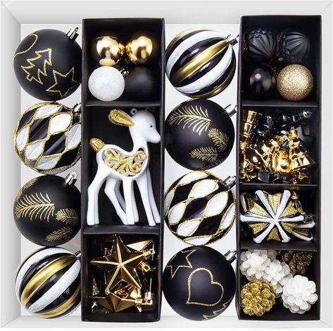 Amazon.com: Christmas Ball Ornaments Set, 59 ct Black Gold Xmas Assorted Ornament, Deer Theme Shatterproof Decorative Hanging Ball Ornament for Party Wedding Graduation Christmas Tree Decoration : Home & Kitchen Black And Gold Christmas Tree Ornaments, Black Christmas Balls, Black And Gold Christmas Tree, Black White And Gold Christmas, Gold Holiday Decor, Black And Gold Christmas, Joy Decorations, Christmas Tree Decorating Tips, Deer Theme