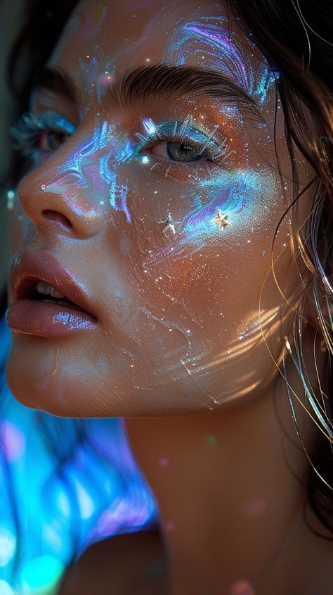 Light Blue And Gold Makeup, Coldplay Makeup, Galaxy Makeup Looks, Light Blue Eyeshadow, Ocean Makeup, Cosmic Makeup, Galactic Glam, Blue Face Paint, Iridescent Makeup