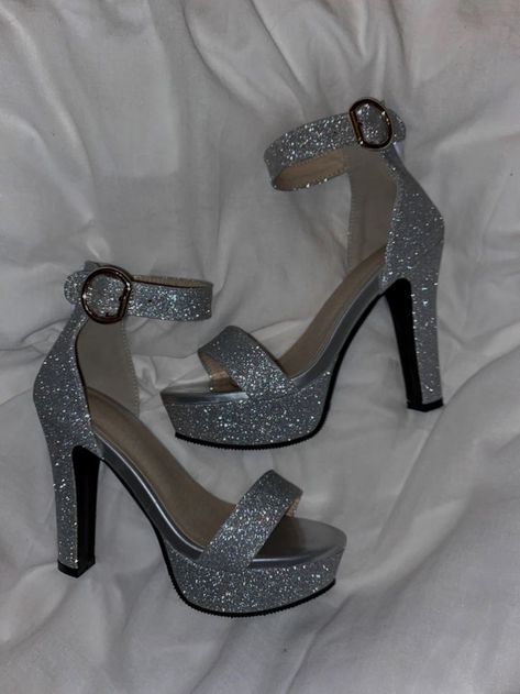 High Heels Prom Silver, Silver Glitter High Heels, Silver High Heels For Prom, Silver Heels Aesthetic, Glittery High Heels, Taylor Swift Shoes, Silver Sparkly Shoes, Homecoming Heels, Prom Shoes Sparkly