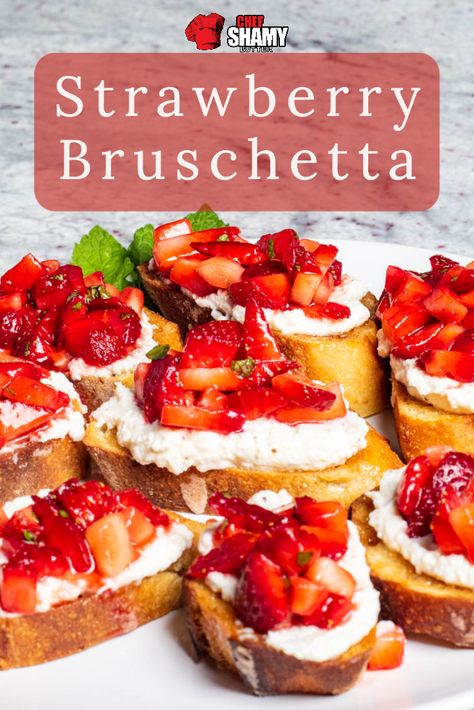 Fresh Strawberry Bruschetta Strawberry Bruschetta Appetizers, Fruit Finger Food, Strawberry Bruchetta, Bruschetta Ideas, Strawberry Crostini, Fruit Bruschetta, Strawberry Appetizers, Bruchetta Appetizers, Salmon Pesto Pasta