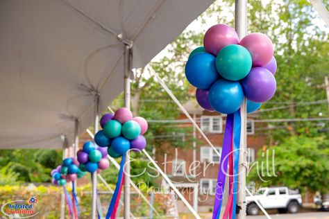 Deck Balloon Decor, Park Pavilion Birthday Party Decorations, Outdoor Tent Balloon Decorations, Outside Birthday Decor, Balloon Decorations Outdoor, Pavilion Party Decorations, Park Party Decorations, Party Tent Decorations, Balloon Topiary