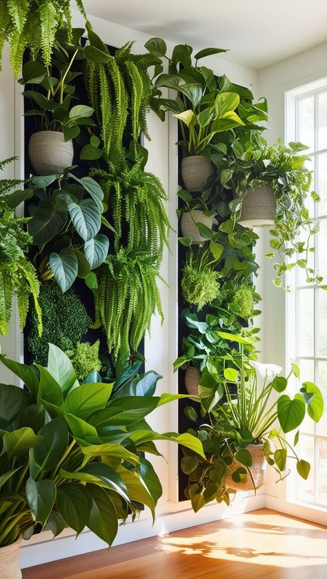 Diy Wall Pots For Plants, Indoor Greenery Wall, Inside Garden Ideas Interiors, Indoor Plant Room Ideas, Plants Against Wall, Aesthetic Pictures Plants, Diy Plant Wall Indoor, Plant Wall Ideas Indoor, Live Plant Wall