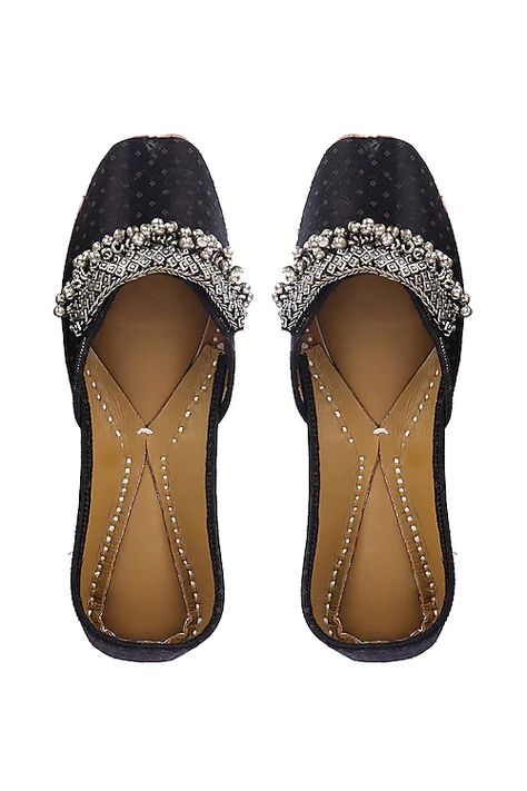 Buy Indian Designer Women Accessories at Pernia's Pop Up Shop Black Jutti, Mushroom Fabric, Shiny Shoes, Punjabi Jutti, 5 Elements, Pernia Pop Up Shop, Luxury Collection, Handcrafted Leather, Embroidered Silk