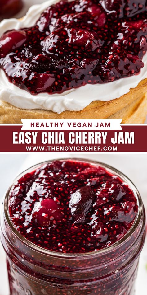 This homemade easy Cherry Chia Jam is packed full of cherries and healthy chia seeds to create an easy, low-sugar, vegan jam. You can use any fresh or frozen fruit to create this chia seed jam! Sugar Free Freezer Jam, Cherry Chia Jam, Cherry Freezer Jam, Using Chia Seeds, Vegan Jam, Chia Seed Jam Recipe, Easy Jam Recipe, Chia Jam Recipe, Cherry Jam Recipes