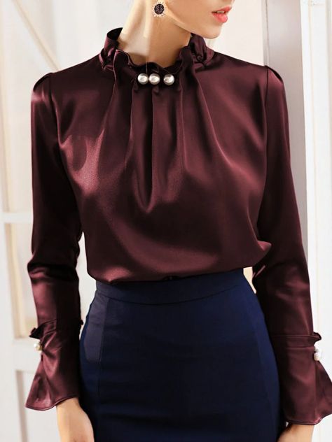 Stylewe Long Sleeve 1 Dark Blue Women Blouses Polyester Stand Collar Elegant Elegant Date Beaded Blouses Chiffon Blouses Designs, Satin Bluse, Design Moda, Satin Blouses, Elegant Blouses, Women Blouses, Beautiful Blouses, Chiffon Blouse, Elegant Outfit