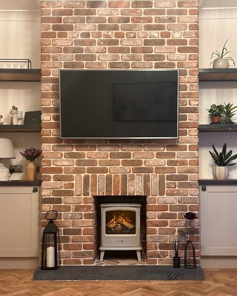 A feature worth featuring, blend 1 and cream mortar making this chimney breast stand out as a delightful focal point.. . #brickslips #chimneybreast #fireplace Tv On Chimney Breast, Brick Media Wall, Chimney Breast Ideas No Fireplace, Brick Chimney Breast, 3d Brick Wall Panels, Brick Slip, Brick Chimney, Brick Tile, Chimney Breast