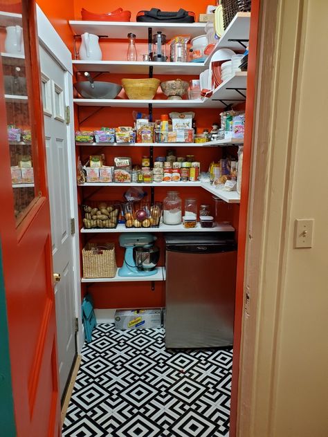 Bright Pantry Colors, Orange Pantry, Red Pantry, Breezeway House, Narrow Pantry, Painted Pantry, Pantry Room, Stick Tiles, Pantry Makeover