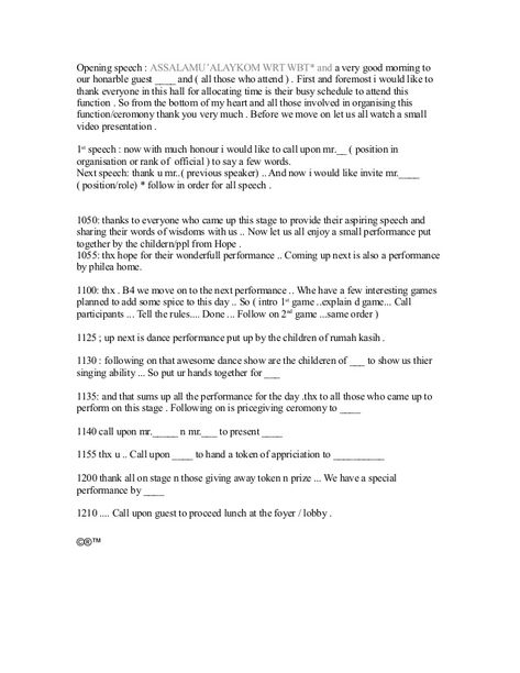 Opening speech : ASSALAMU’ALAYKOM WRT WBT* and a very good morning to  our honarble guest ____ and ( all those who attend ... Mc Wedding Script, Birthday Speech, Speech Script, Wedding Speech Examples, Reception Program, Anchoring Script, Speech Examples, Congratulations Wishes, Script Ideas