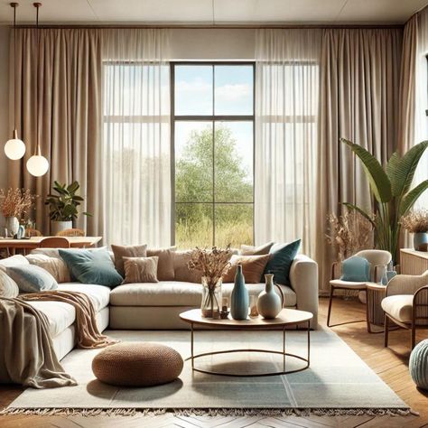 Get the Look: Tranquil & Modern Living Room ✨ Transform your space with this serene and stylish living room design! Here’s how to achieve this look at home: 1. Neutral Tones with Pops of Color Build your base with shades of beige, cream, and taupe. Add soft blues and greens through pillows and decor to keep it lively: • Choose a neutral-toned sofa • Add colorful throw pillows and blankets • Use blue and green vases, books, and decor pieces 2. Layered Window Treatments Combine sheer and op... Curtains With Cream Couch, Cream Curtains Living Room, Through Pillows, Cream And Beige Living Room, Beige Curtains Living Room, Heavy Drapes, Large Window Treatments, Beige Sofa Living Room, Layered Window Treatments