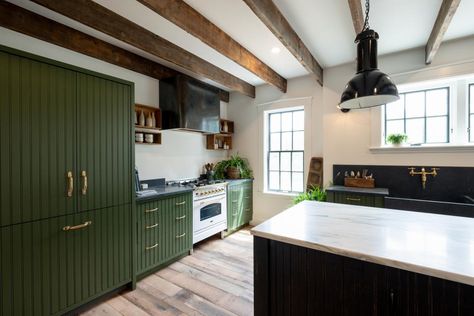 The Best Farmhouse Kitchen Design Ideas From 'Farmhouse Fixer' | Farmhouse Fixer | HGTV Refrigerator Vintage, Beadboard Cabinets, Rustic Ceiling Beams, Glass Upper Cabinets, Farmhouse Fixer, Remodeling Trends, Family Farmhouse, Old Wood Floors, Vintage Crates