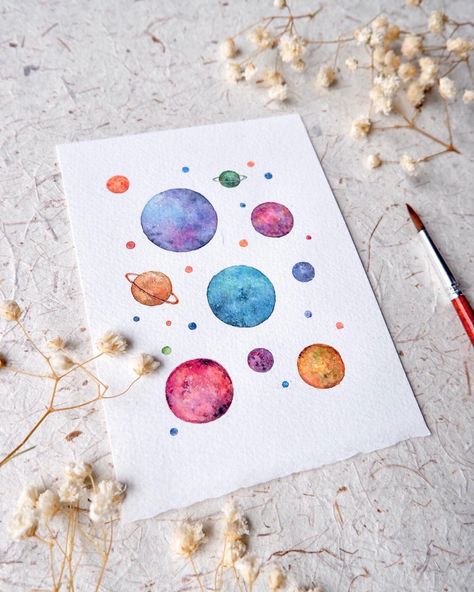 Planets Drawing Color, Planets Watercolor Painting, Planets Painting Easy, How To Paint Planets, Planet Watercolor Painting, Watercolor Art Space, Drawing Planets Space, Watercolor Space Painting, Easy Planet Painting