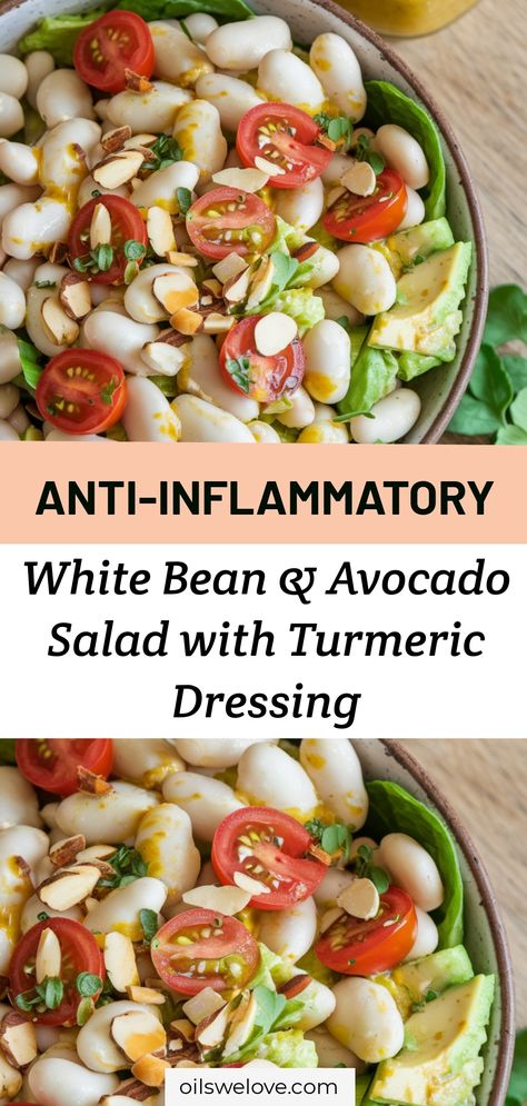 Discover the ultimate Anti-Inflammatory White Bean & Avocado Salad with Turmeric Dressing! Perfect for Antiinflammatory Vegetarian Meals, this dish is a gem in Recipes For Inflammation Diet. Ideal for Easy Anti Inflammation Meal Prep, it's a Simple Snack For Inflammation or Antiinflammatroy Lunch option. Enjoy! Anti Inflammation Pasta Recipes, Anti Inflammation Dressing, Inflammation Diet Recipes Meals, Keto Anti Inflammation Diet, Anti Inflammation Side Dishes, Antiinflammatory Meals Diet, Best Anti Inflammation Foods, Anti Inflammation Snacks Easy, Anti Inflammation Vegetarian Recipes