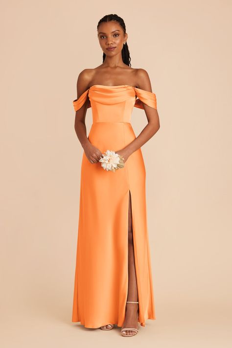 Look like you stepped off the red carpet and onto the aisle in this glamorous, versatile matte satin gown. Available in Apricot. This glamorous, versatile gown will make you feel like you stepped off the red carpet and onto the aisle. Opt for a romantic, Old-Hollywood off-the-shoulder look or go strapless for a sophisticated vibe. | Apricot Bridesmaid Dress Matte Satin Size 2X | Birdy Grey Mia Convertible Light Orange Bridesmaid Dresses, Garden Bridesmaids Dresses, Bridesmaid Dresses Orange, Pink Orange Wedding, Tangerine Bridesmaid Dresses, Orange Satin Dress, Orange Formal Dresses, Bridesmaid Dress Shopping, Tropical Wedding Dresses