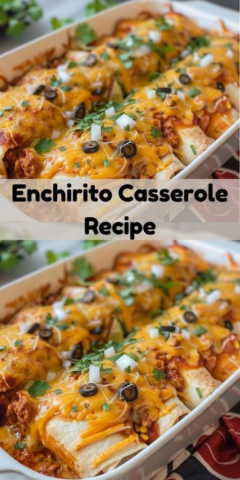 Quick Enchirito casserole recipe with beef, beans, cheese, and sauce. A simple and tasty dinner idea! Taco Bell Enchirito, Taco Bell Enchirito Recipe, Casserole With Beef, Enchirito Recipe, Homemade Taco Bell, Recipe With Beef, Beans And Cheese, Enchilada Casserole Recipes, Zesty Sauce